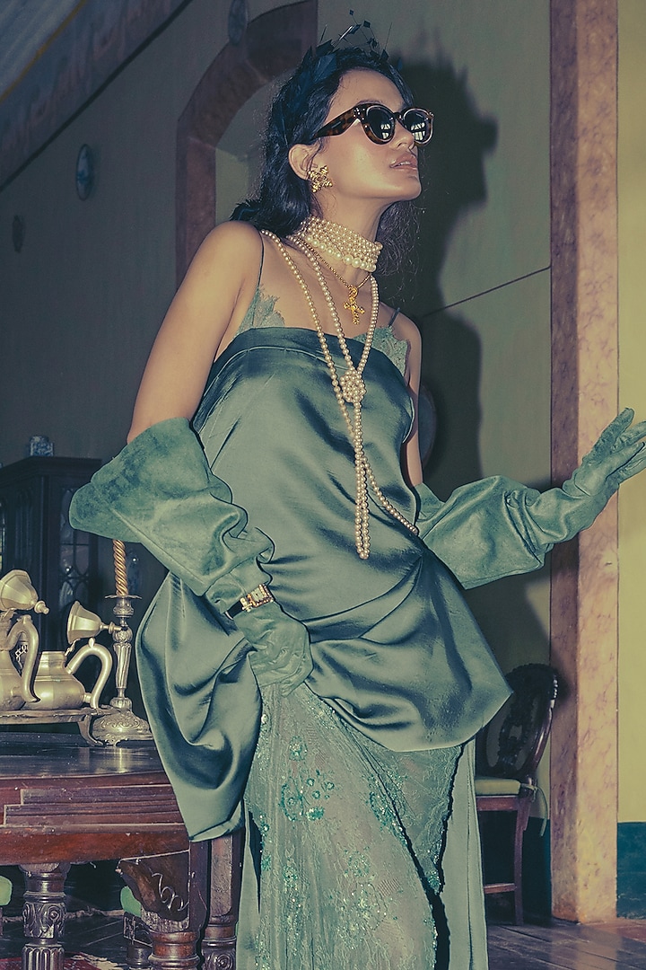 Green French Lace Embroidered Skirt Set by The Little Black Bow at Pernia's Pop Up Shop