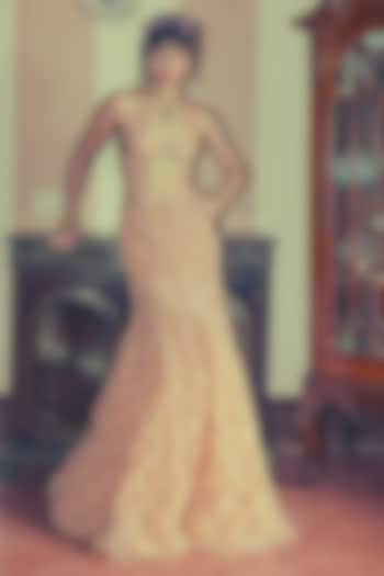 Apricot Peach Tulle Zardosi Floral Embroidered Mermaid Bridal Lehenga Set by The Little Black Bow at Pernia's Pop Up Shop
