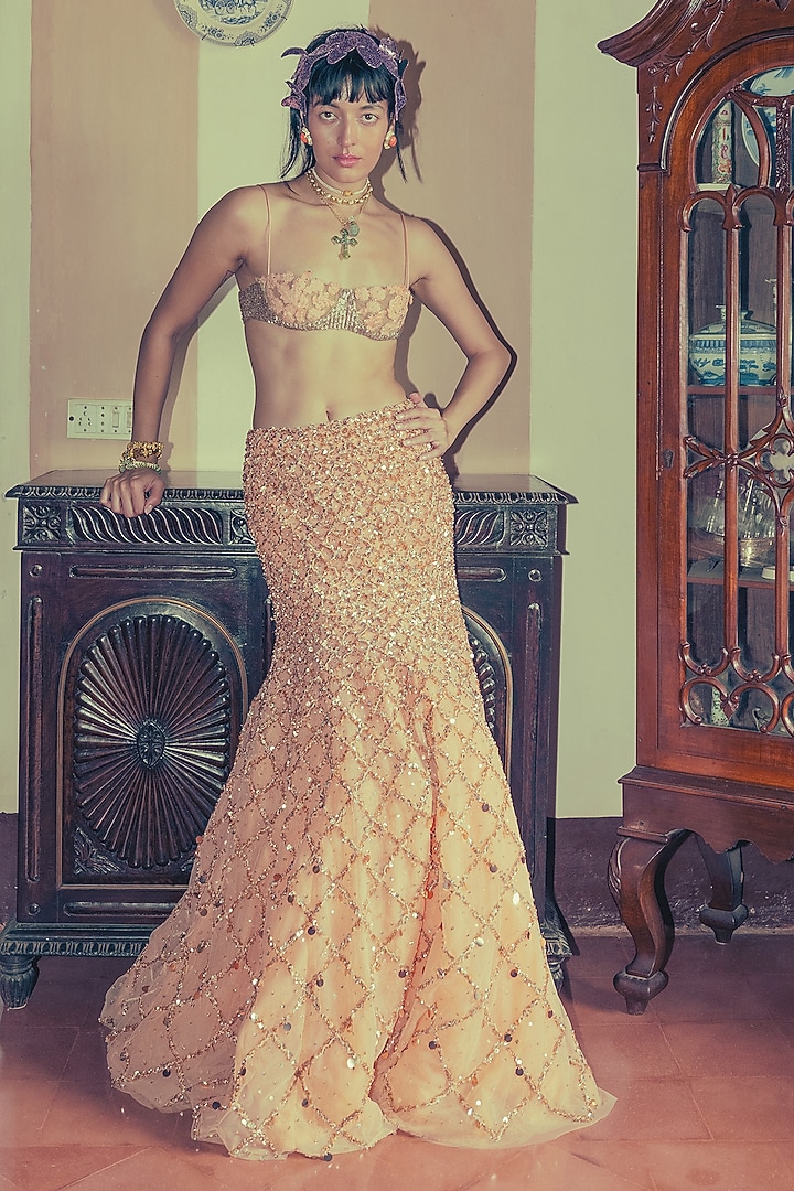 Apricot Peach Tulle Zardosi Floral Embroidered Mermaid Bridal Lehenga Set by The Little Black Bow at Pernia's Pop Up Shop