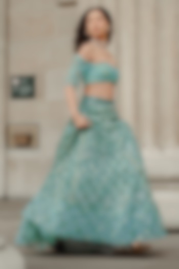 Seablue Lace & Tulle Zardosi Embroidered Flared Skirt Set by The Little Black Bow at Pernia's Pop Up Shop