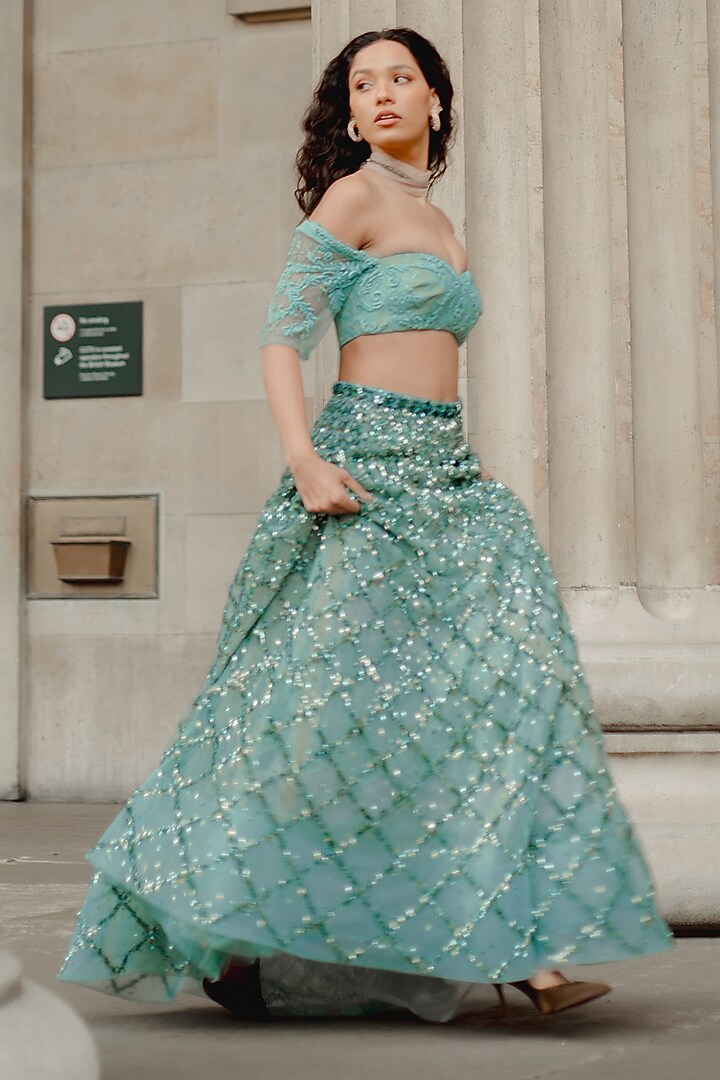 Seablue Lace & Tulle Zardosi Embroidered Flared Skirt Set by The Little Black Bow at Pernia's Pop Up Shop