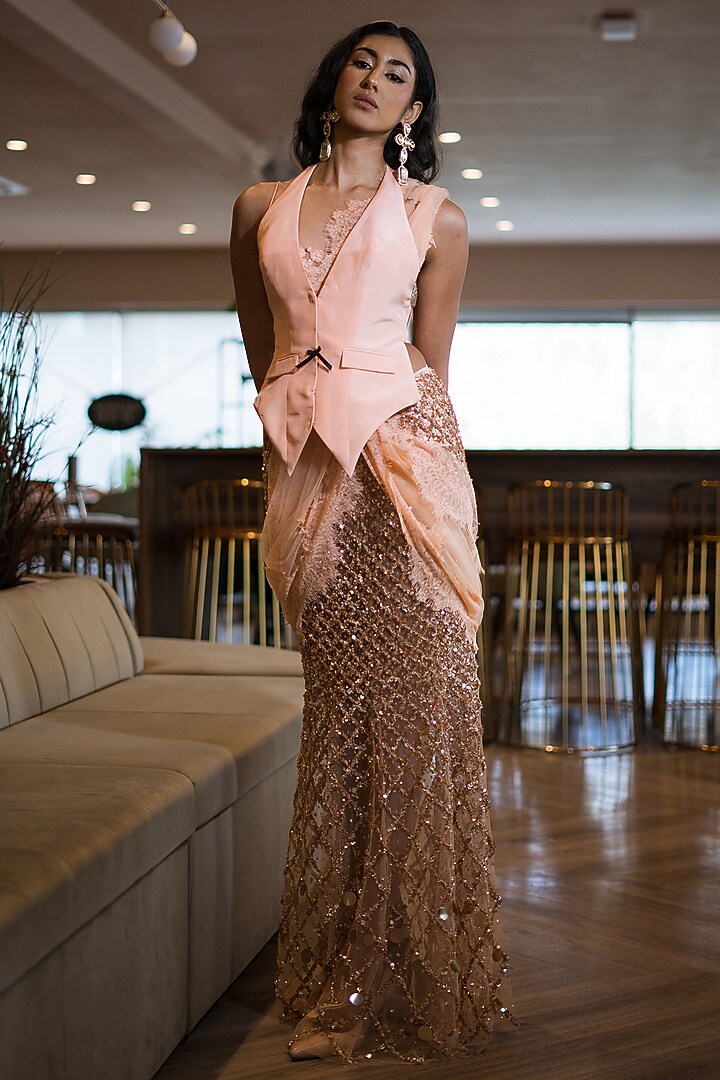 Nude & Peach Tulle Zardosi Embroidered Pre-Stitched Reception Saree Set by The Little Black Bow at Pernia's Pop Up Shop