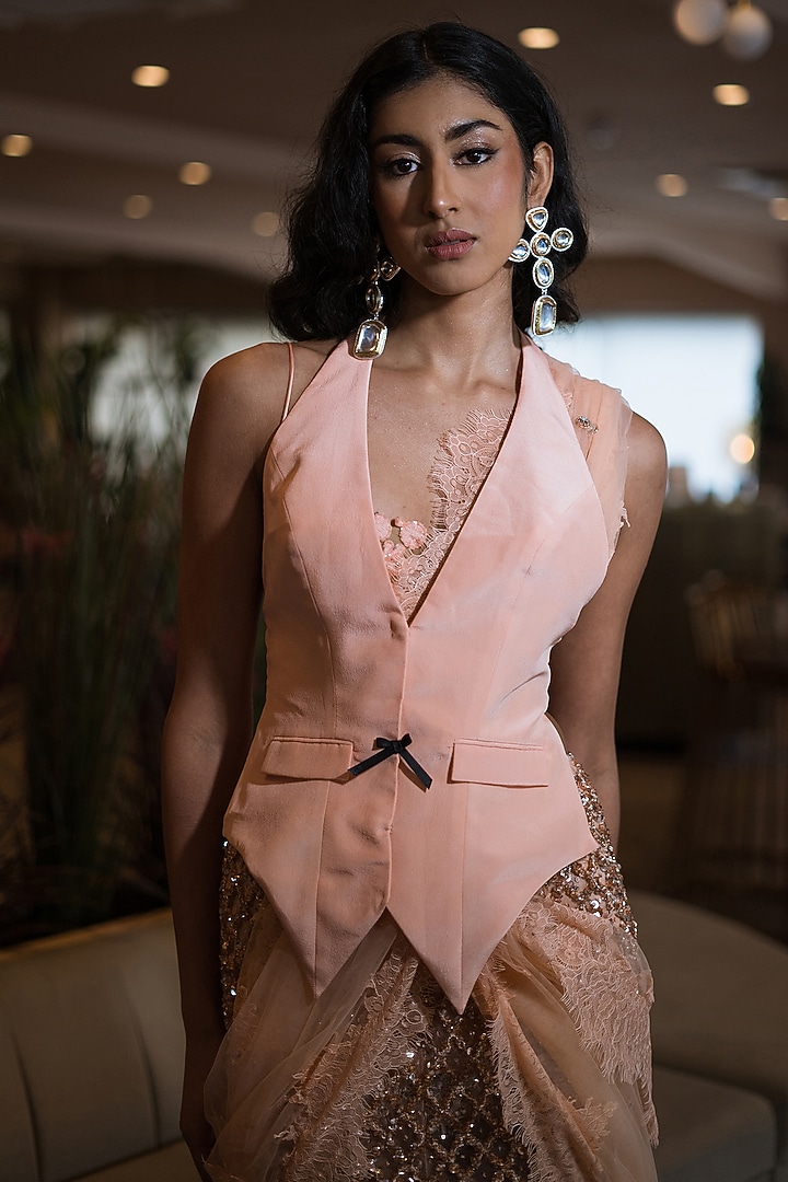 Nude & Peach Tulle Zardosi Embroidered Pre-Stitched Reception Saree Set by The Little Black Bow at Pernia's Pop Up Shop