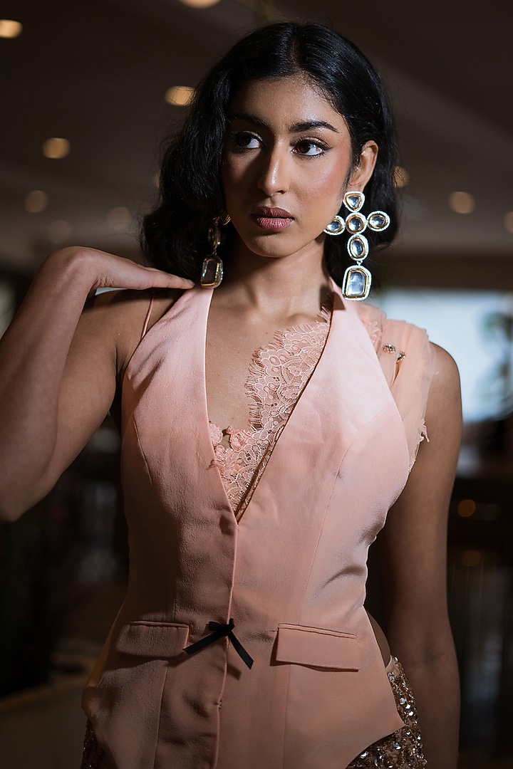 Nude & Peach Tulle Zardosi Embroidered Pre-Stitched Reception Saree Set by The Little Black Bow at Pernia's Pop Up Shop