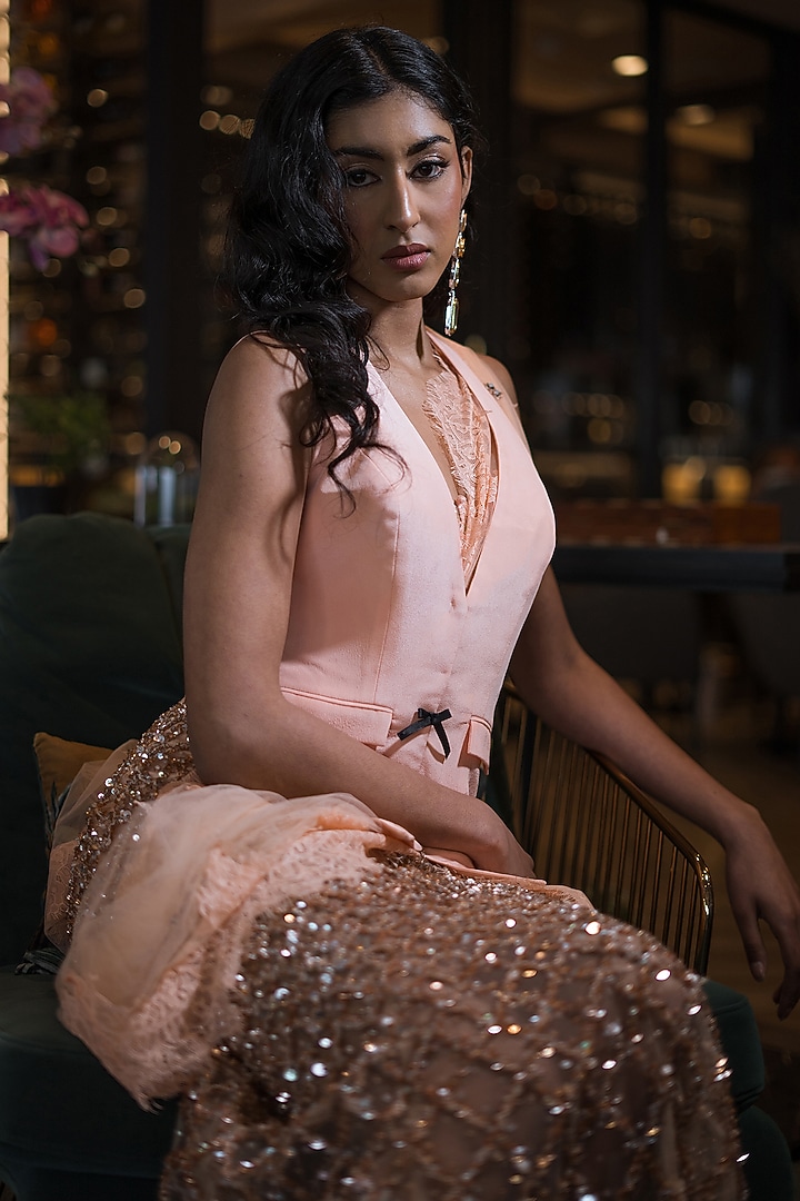 Nude & Peach Tulle Zardosi Embroidered Pre-Stitched Reception Saree Set by The Little Black Bow at Pernia's Pop Up Shop
