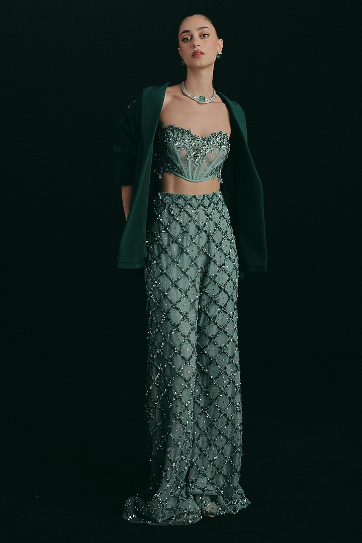 Seafoam Blue Tulle Zardosi Embroidered Pants Set by The Little Black Bow at Pernia's Pop Up Shop
