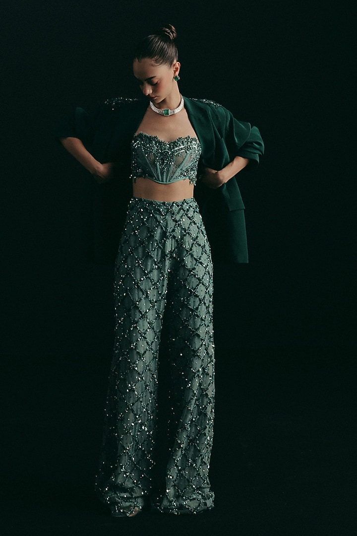 Seafoam Blue Tulle Zardosi Embroidered Pants Set by The Little Black Bow at Pernia's Pop Up Shop
