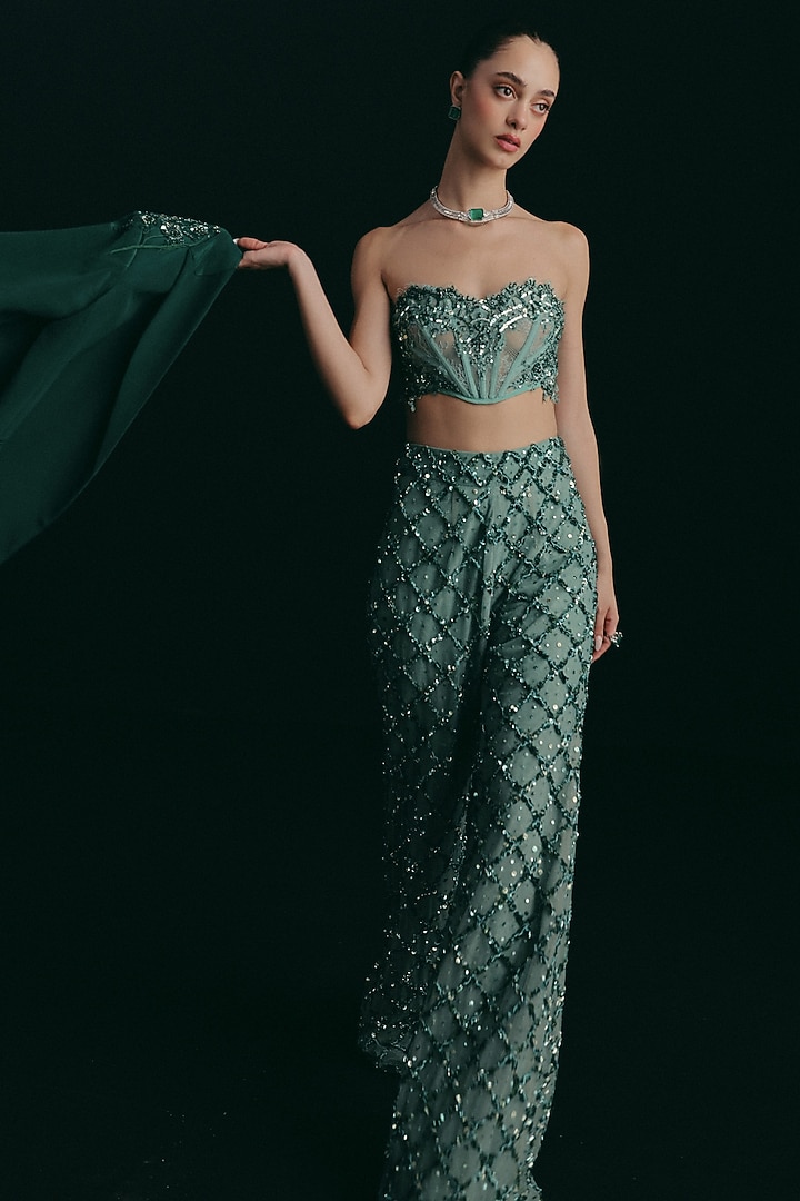 Seafoam Blue Tulle Zardosi Embroidered Pants Set by The Little Black Bow at Pernia's Pop Up Shop