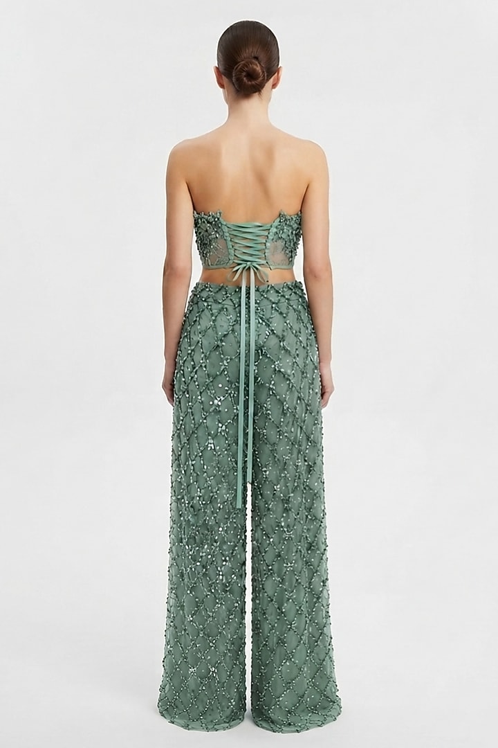 Seafoam Blue Tulle Zardosi Embroidered Pants Set by The Little Black Bow at Pernia's Pop Up Shop