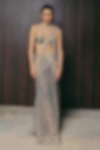 Grey Stretch Tulle Zardosi & Bugle Bead Embroidered Reception Saree Set by The Little Black Bow at Pernia's Pop Up Shop
