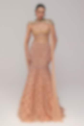Apricot Peach Soft Tulle Crystal & Zardosi Embroidered Skirt Set by The Little Black Bow at Pernia's Pop Up Shop