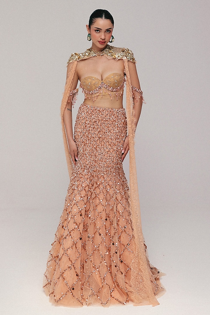 Apricot Peach Soft Tulle Crystal & Zardosi Embroidered Skirt Set by The Little Black Bow at Pernia's Pop Up Shop