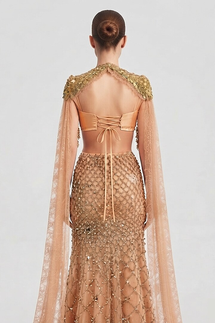 Apricot Peach Soft Tulle Crystal & Zardosi Embroidered Skirt Set by The Little Black Bow at Pernia's Pop Up Shop
