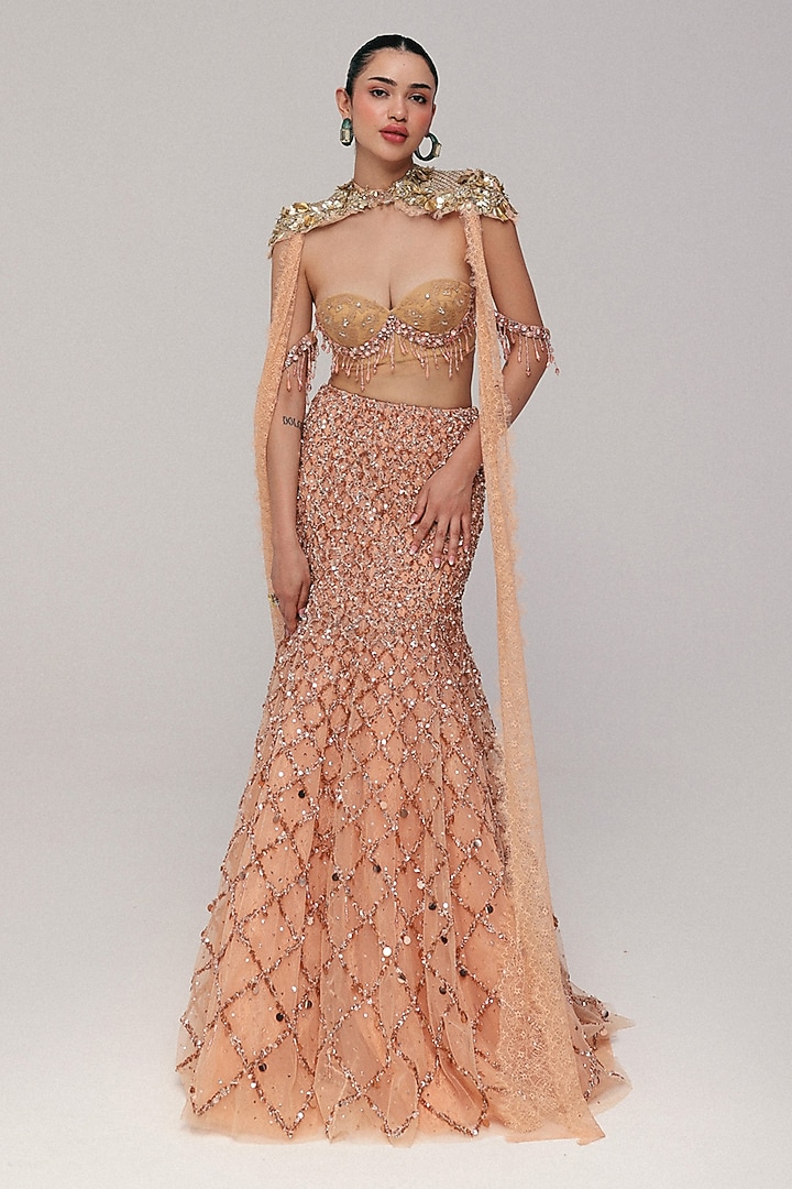 Apricot Peach Soft Tulle Crystal & Zardosi Embroidered Skirt Set by The Little Black Bow at Pernia's Pop Up Shop