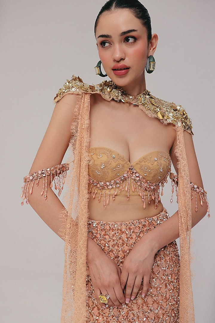Apricot Peach Soft Tulle Crystal & Zardosi Embroidered Skirt Set by The Little Black Bow at Pernia's Pop Up Shop