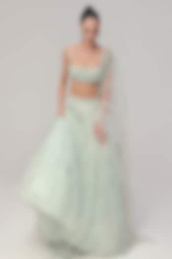 Cornflower Blue Tulle & Silk Organza Beads Floral Embroidered Wedding Lehenga Set by The Little Black Bow at Pernia's Pop Up Shop