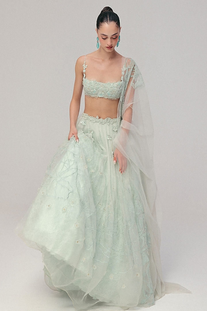 Cornflower Blue Tulle & Silk Organza Beads Floral Embroidered Wedding Lehenga Set by The Little Black Bow at Pernia's Pop Up Shop
