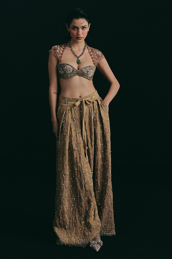 Gold Silk Zardosi Embroidered Pant Set by The Little Black Bow at Pernia's Pop Up Shop