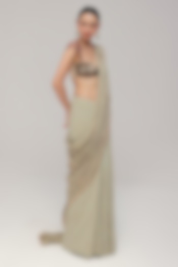 Sage Green Silk Georgette Zardosi Embroidered Reception Saree Set by The Little Black Bow at Pernia's Pop Up Shop