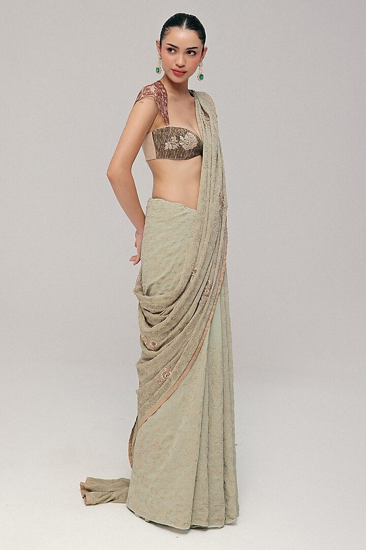 Sage Green Silk Georgette Zardosi Embroidered Reception Saree Set by The Little Black Bow at Pernia's Pop Up Shop