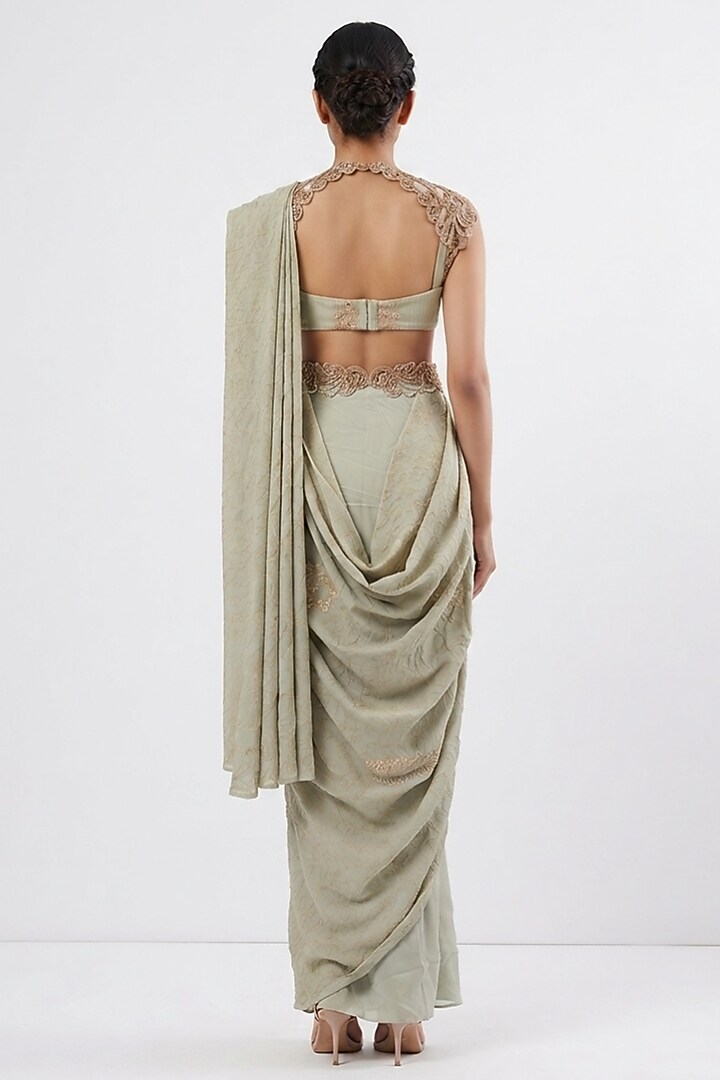 Sage Green Silk Georgette Zardosi Embroidered Reception Saree Set by The Little Black Bow at Pernia's Pop Up Shop