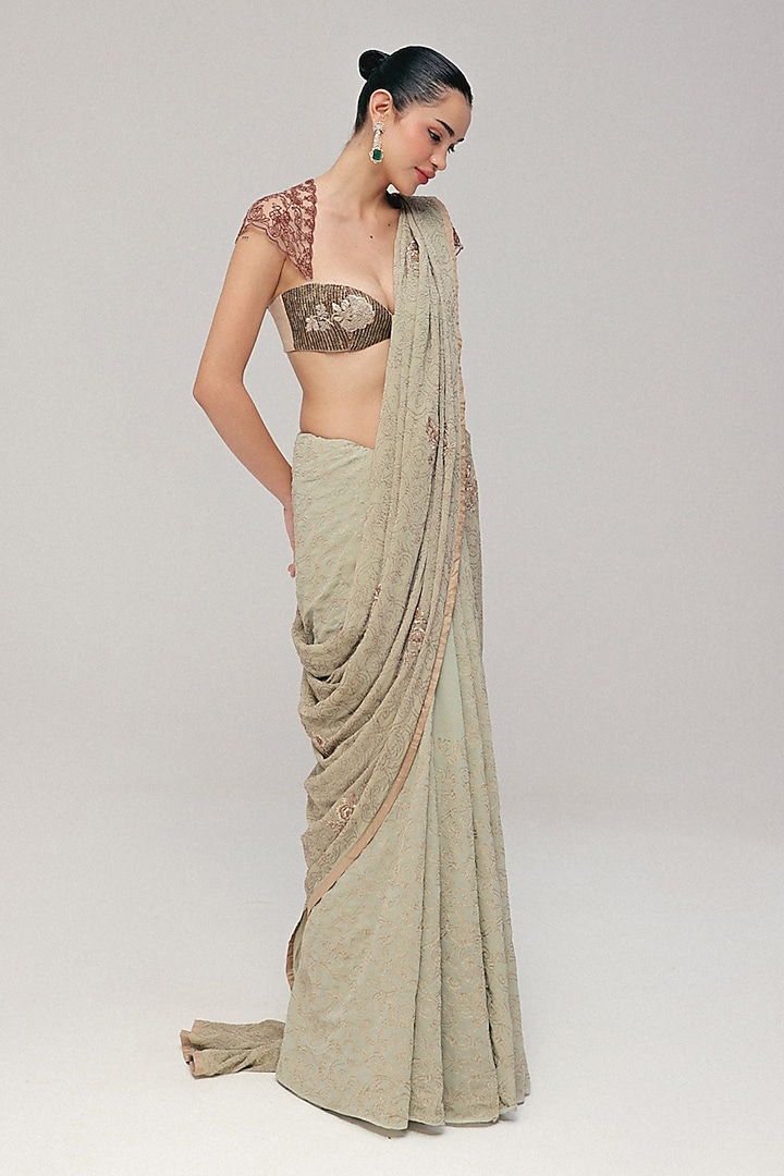 Sage Green Silk Georgette Zardosi Embroidered Reception Saree Set by The Little Black Bow at Pernia's Pop Up Shop