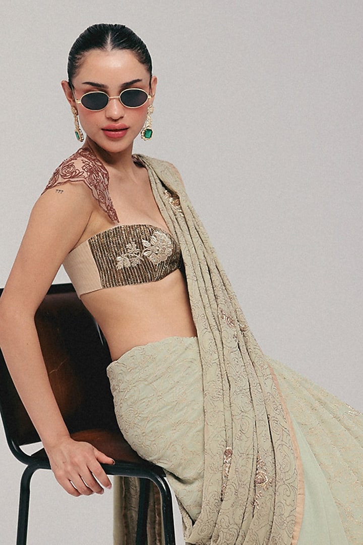 Sage Green Silk Georgette Zardosi Embroidered Reception Saree Set by The Little Black Bow at Pernia's Pop Up Shop