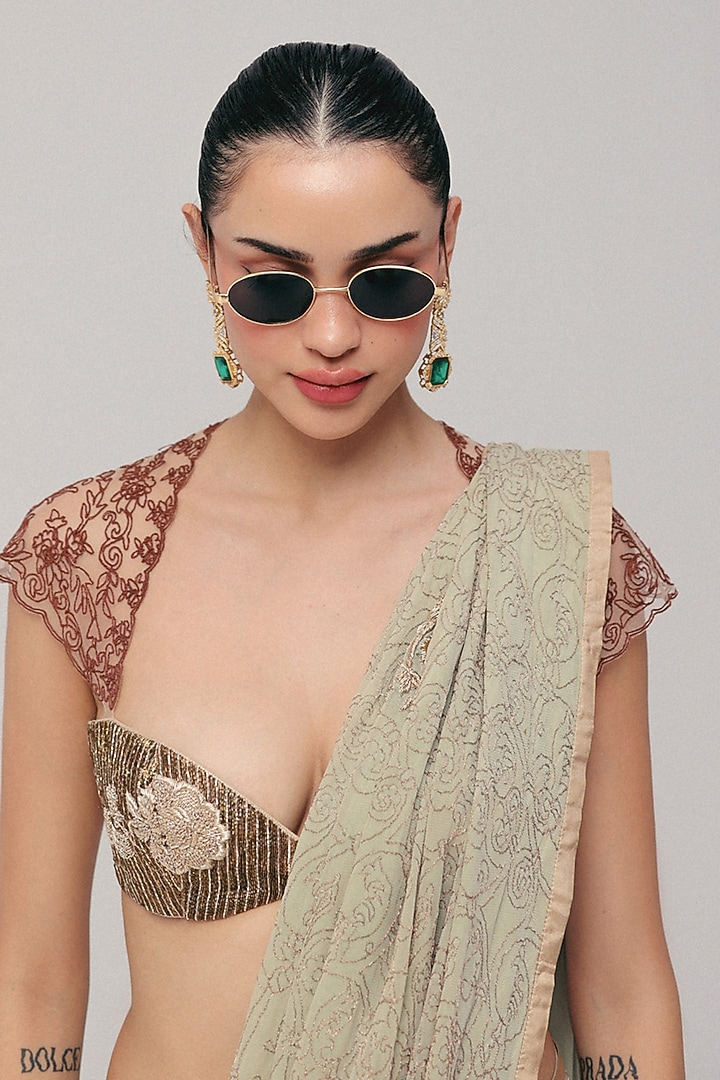 Sage Green Silk Georgette Zardosi Embroidered Reception Saree Set by The Little Black Bow at Pernia's Pop Up Shop