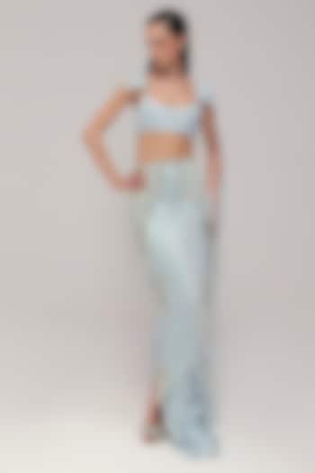 French Blue Silk Satin Bugle Bead & Crystal Embellished Pencil Skirt Set by The Little Black Bow at Pernia's Pop Up Shop