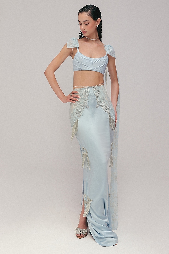 French Blue Silk Satin Bugle Bead & Crystal Embellished Pencil Skirt Set by The Little Black Bow at Pernia's Pop Up Shop