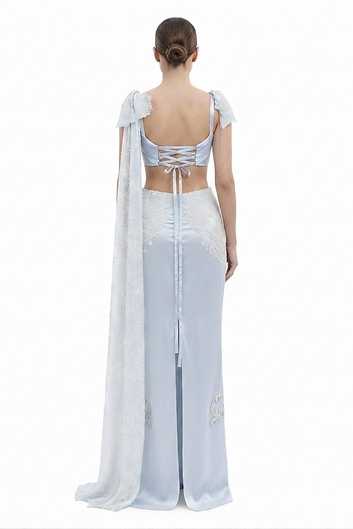 French Blue Silk Satin Bugle Bead & Crystal Embellished Pencil Skirt Set by The Little Black Bow at Pernia's Pop Up Shop