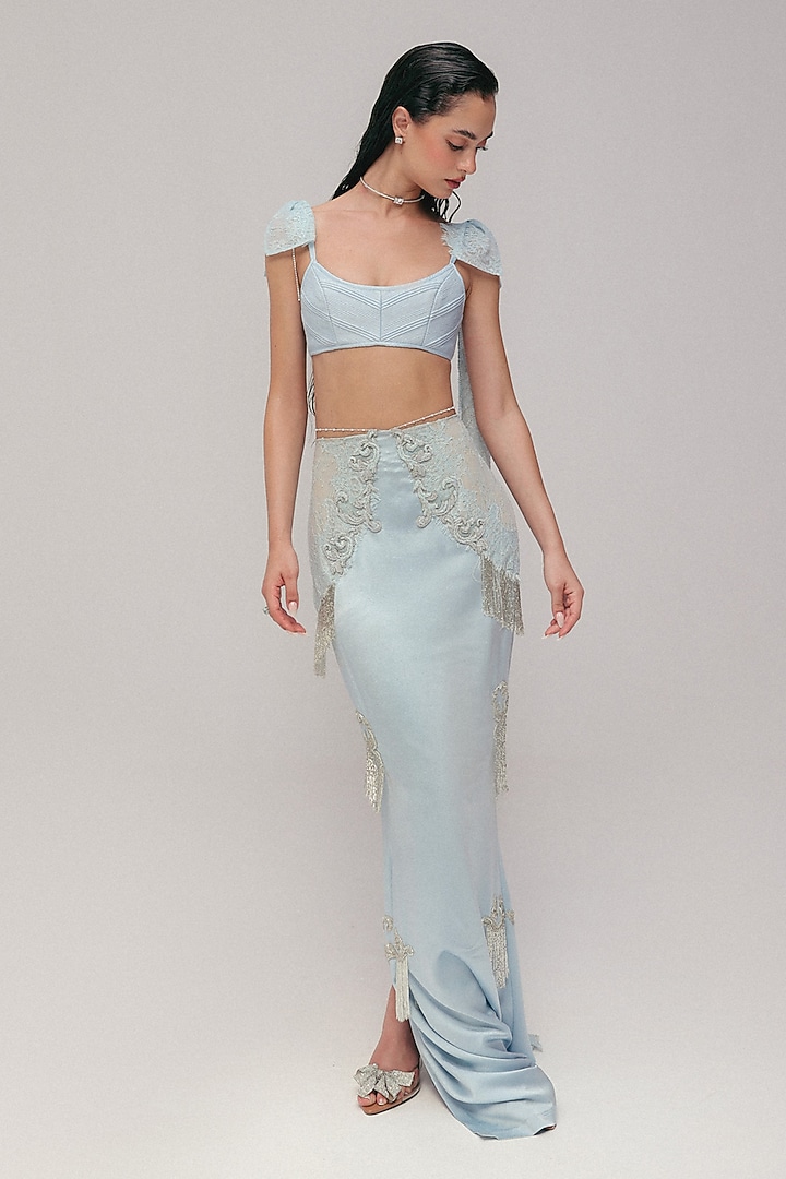 French Blue Silk Satin Bugle Bead & Crystal Embellished Pencil Skirt Set by The Little Black Bow at Pernia's Pop Up Shop