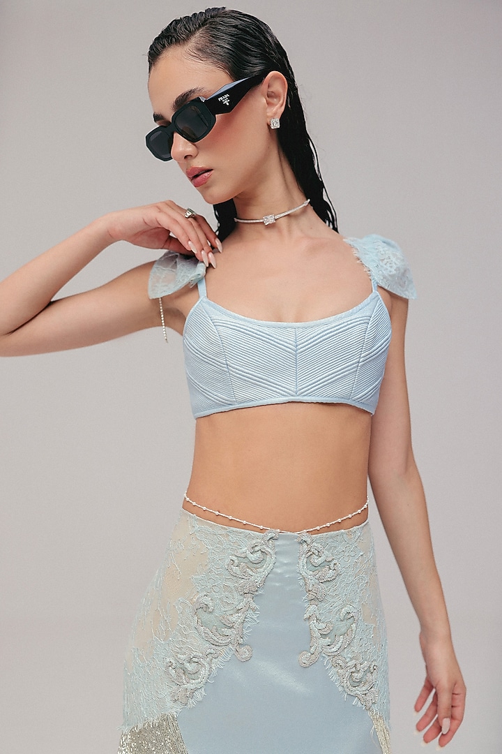 French Blue Silk Satin Bugle Bead & Crystal Embellished Pencil Skirt Set by The Little Black Bow at Pernia's Pop Up Shop
