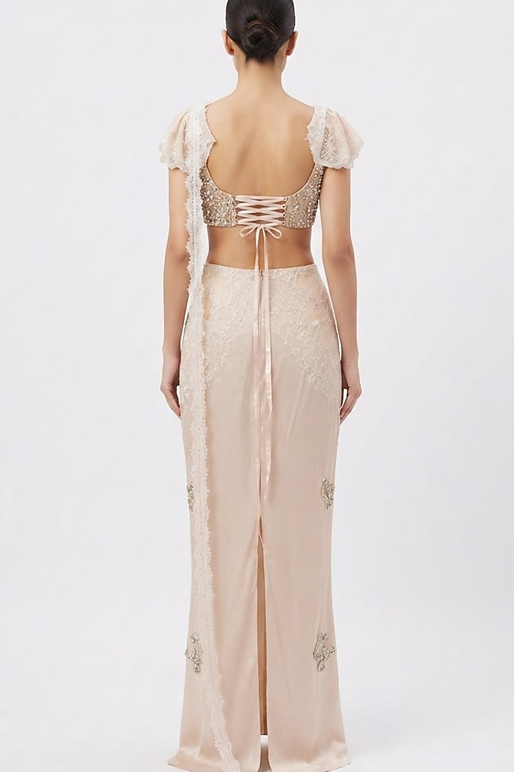 Powder Pink Silk Satin Sequin & Bugle Bead Embroidered Pencil Skirt Set by The Little Black Bow at Pernia's Pop Up Shop