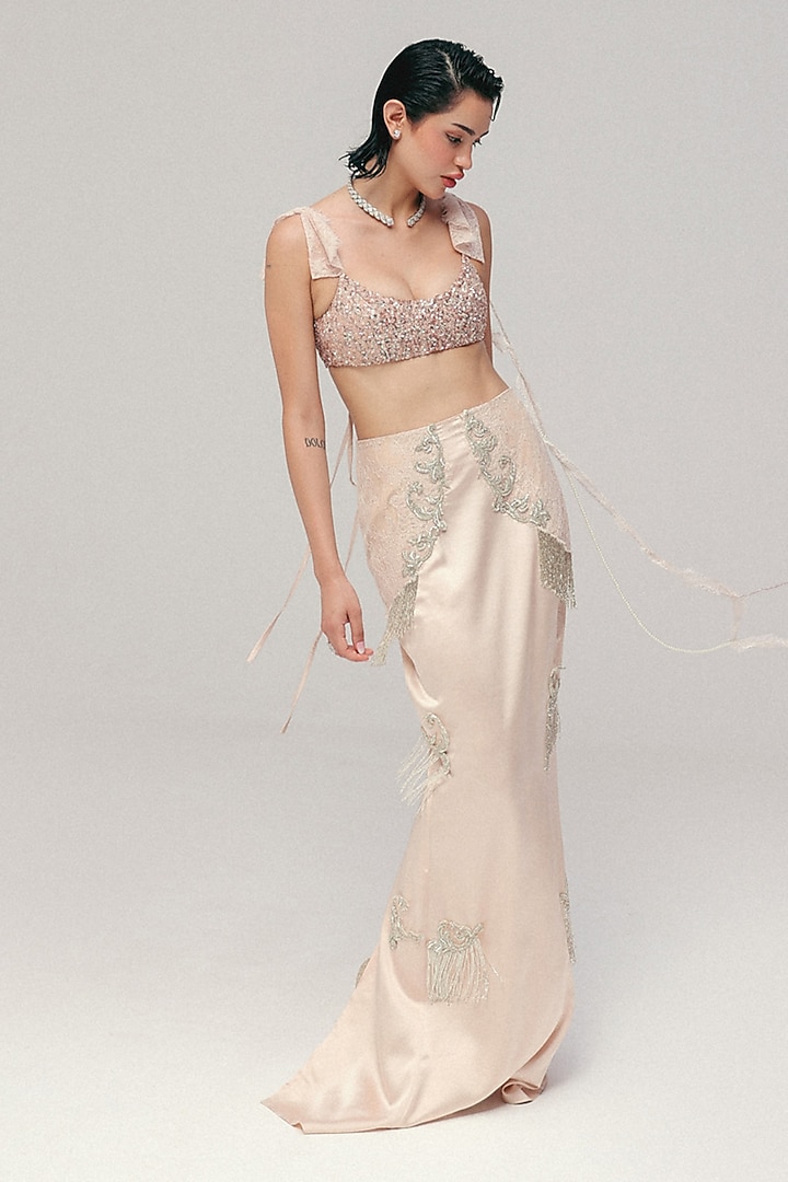 Powder Pink Silk Satin Sequin & Bugle Bead Embroidered Pencil Skirt Set by The Little Black Bow at Pernia's Pop Up Shop