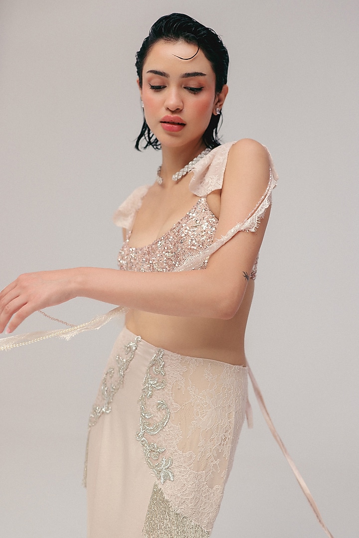 Powder Pink Silk Satin Sequin & Bugle Bead Embroidered Pencil Skirt Set by The Little Black Bow at Pernia's Pop Up Shop