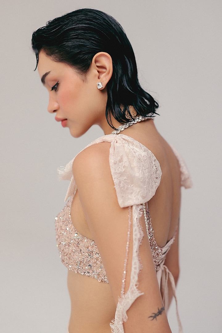 Powder Pink Silk Satin Sequin & Bugle Bead Embroidered Pencil Skirt Set by The Little Black Bow at Pernia's Pop Up Shop