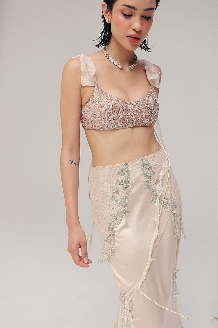 Powder Pink Silk Satin Sequin & Bugle Bead Embroidered Pencil Skirt Set by The Little Black Bow at Pernia's Pop Up Shop