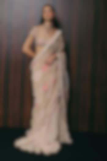 Blush Pink Silk & Tulle Floral Zardosi Embroidered Stitched Reception Saree Set by The Little Black Bow at Pernia's Pop Up Shop