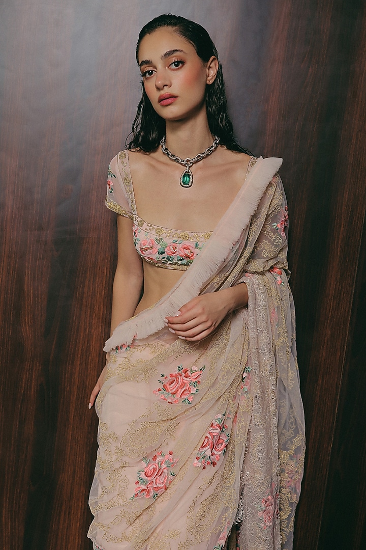 Blush Pink Silk & Tulle Floral Zardosi Embroidered Stitched Reception Saree Set by The Little Black Bow at Pernia's Pop Up Shop