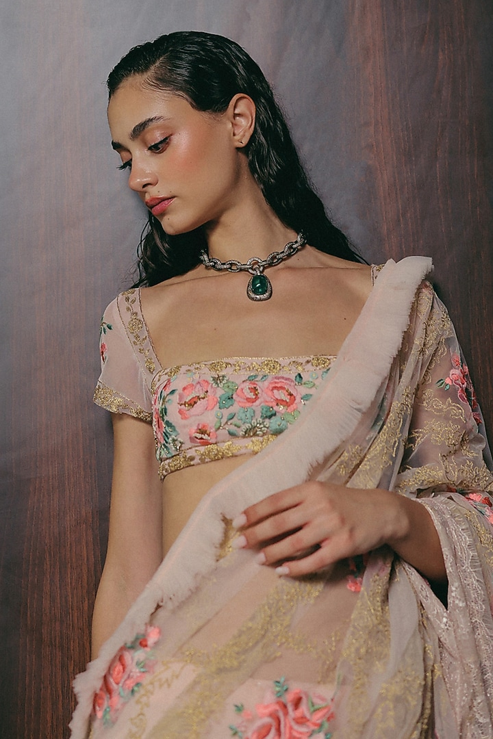 Blush Pink Silk & Tulle Floral Zardosi Embroidered Stitched Reception Saree Set by The Little Black Bow at Pernia's Pop Up Shop
