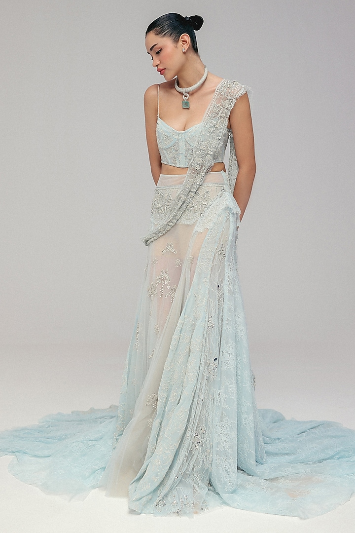 Blue Soft Tulle Zardosi Work Pre-Stitched Bridal Saree Set by The little black bow at Pernia's Pop Up Shop