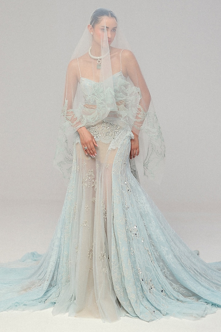 Blue Soft Tulle Zardosi Work Pre-Stitched Bridal Saree Set by The little black bow at Pernia's Pop Up Shop
