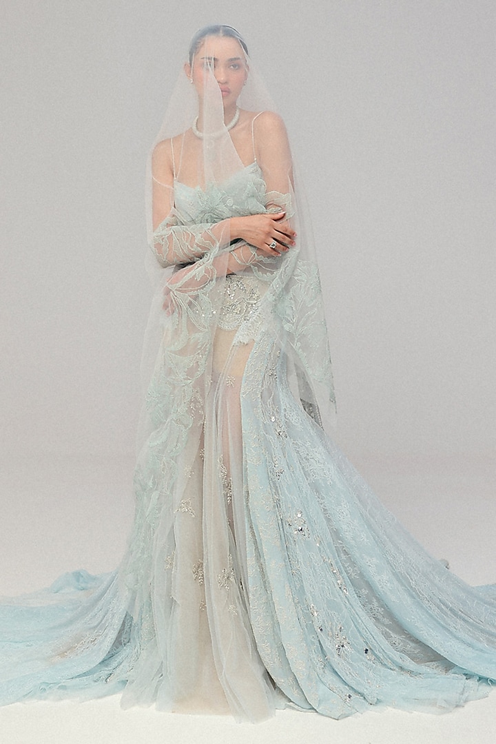 Blue Soft Tulle Zardosi Work Pre-Stitched Bridal Saree Set by The little black bow at Pernia's Pop Up Shop
