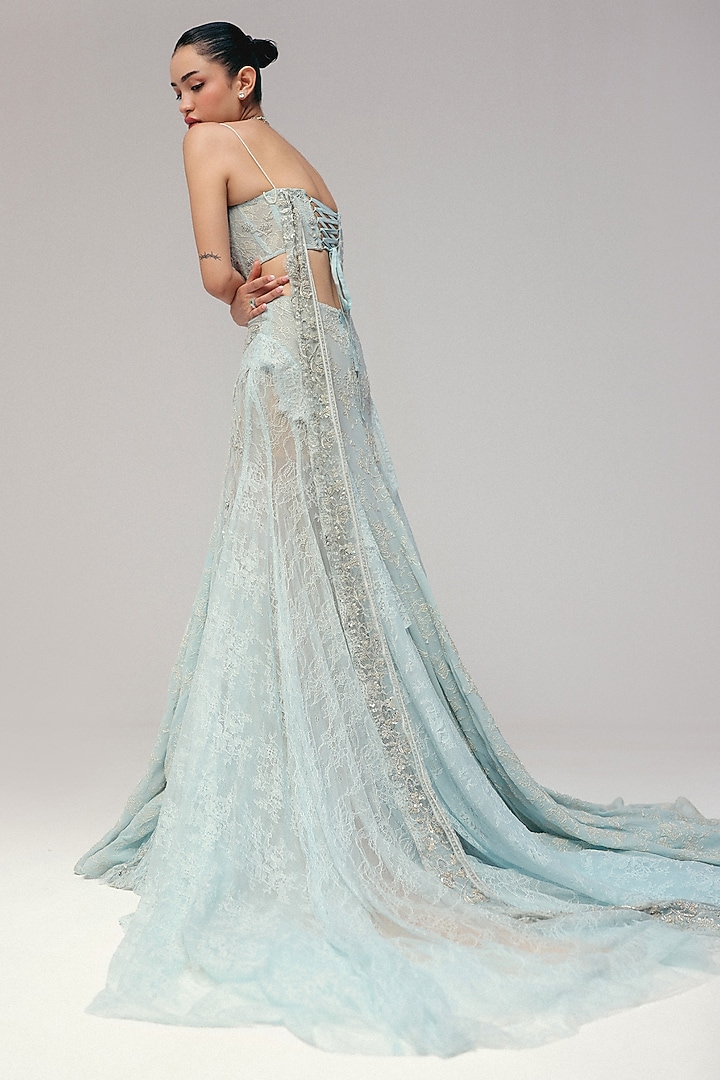 Blue Soft Tulle Zardosi Work Pre-Stitched Bridal Saree Set by The little black bow at Pernia's Pop Up Shop