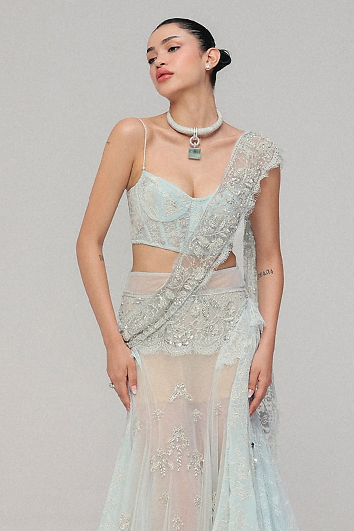 Blue Soft Tulle Zardosi Work Pre-Stitched Bridal Saree Set by The little black bow at Pernia's Pop Up Shop