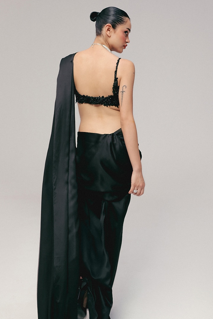 Midnight Black Soft Tulle Pre-Stitched Wedding Saree Set by The little black bow at Pernia's Pop Up Shop