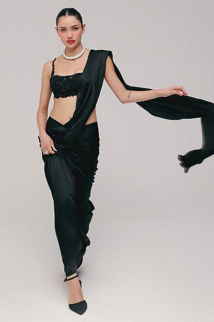 Midnight Black Soft Tulle Pre-Stitched Wedding Saree Set by The little black bow at Pernia's Pop Up Shop