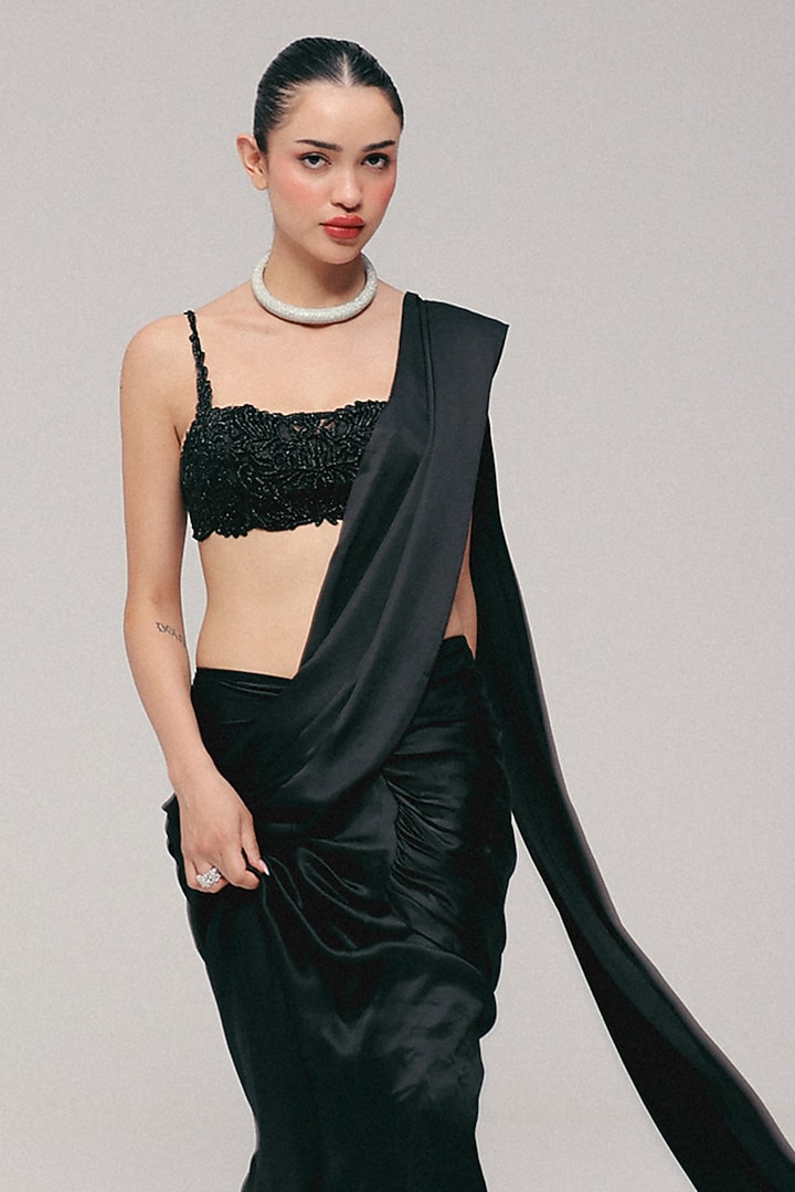Midnight Black Soft Tulle Pre-Stitched Wedding Saree Set by The little black bow at Pernia's Pop Up Shop
