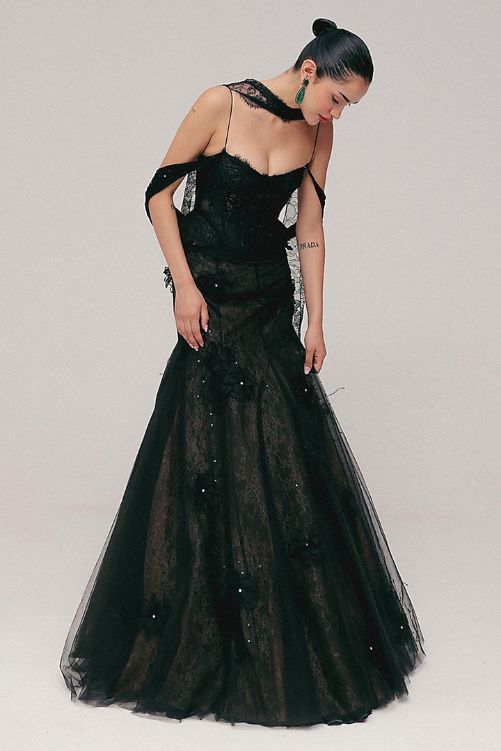 Black Tulle Floral Embroidered Mermaid Skirt Set by The little black bow at Pernia's Pop Up Shop